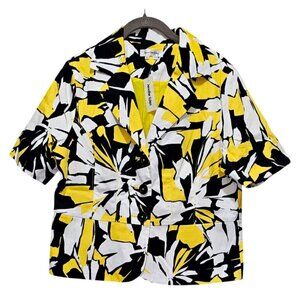Jennifer Eden Womens Abstract Print Buttoned Short-Sleeve Blazer White/Yellow/Bl